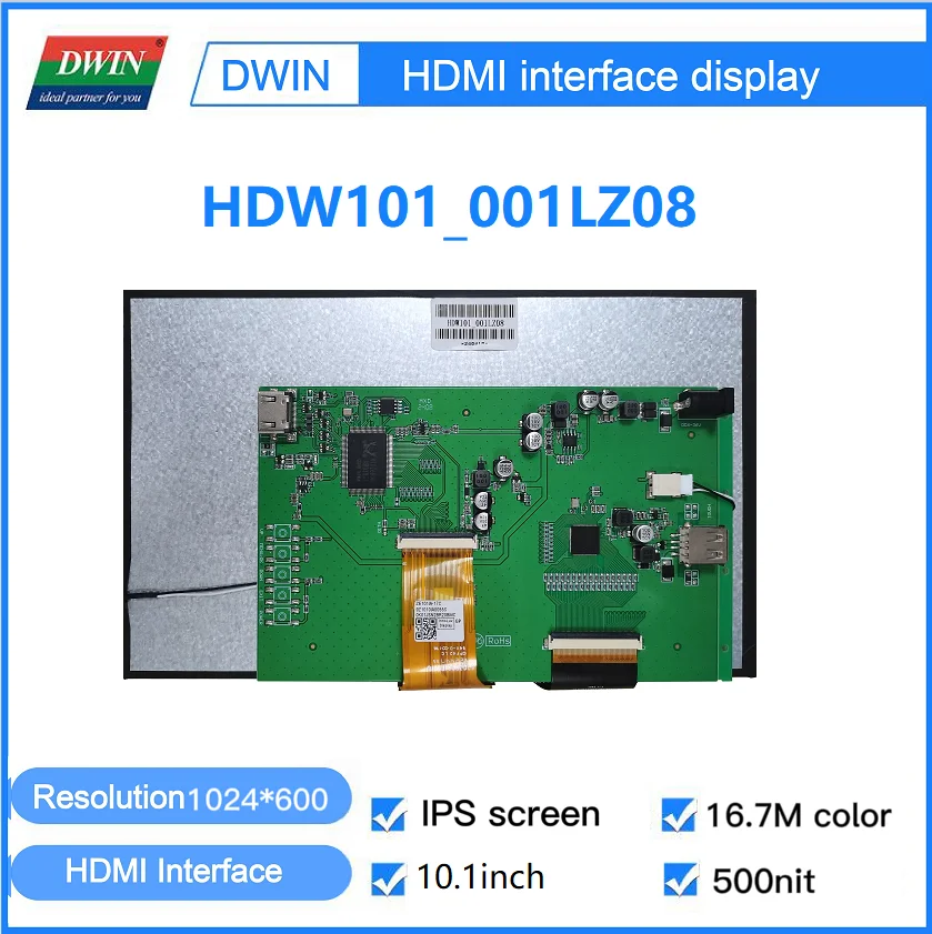 DWIN-HDMI Tela IPS capacitiva do painel de toque, suporta Windows, framboesa, Linux, Android, HDW101 _ 001L, 10.1 ", 200 500nit, 1024x600