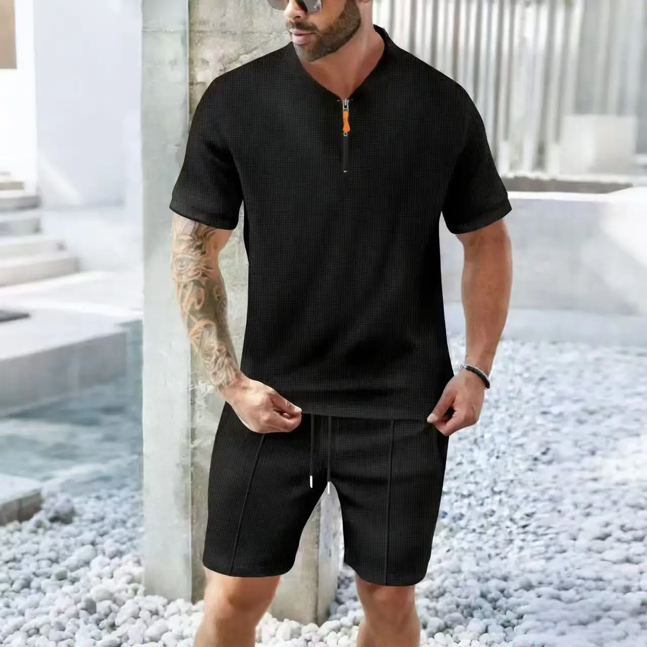 2026 European and American Men's Spring and Summer Trends Youth Outdoor Lapel Small Plaid Short Sleeve Shorts Sports Suit