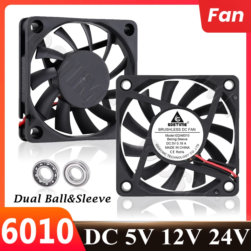 Gdstime 6010 60mm PC Fan DC 5V 12V 24V CPU Cooler USB 60x60x10mm Dual Ball Bearing Cooling Fan 3PIN 3D Printer Aptop Cooling Fan