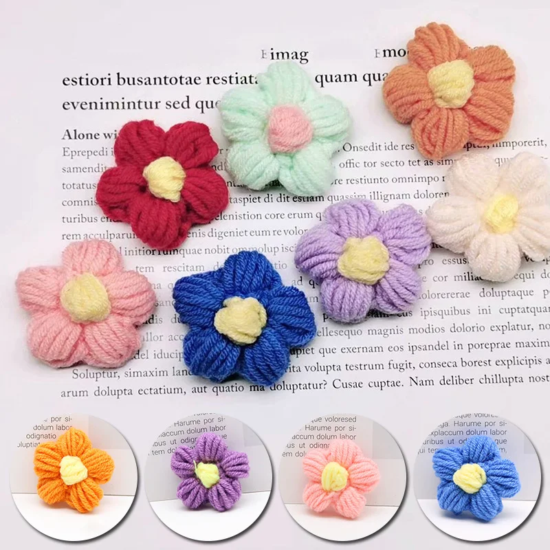 10Pcs Hand Knitting Flower Head Petals DIY Hair Clip Jewelry Accessories Yarn Crochet Woven Artificial Flowers Home Decor