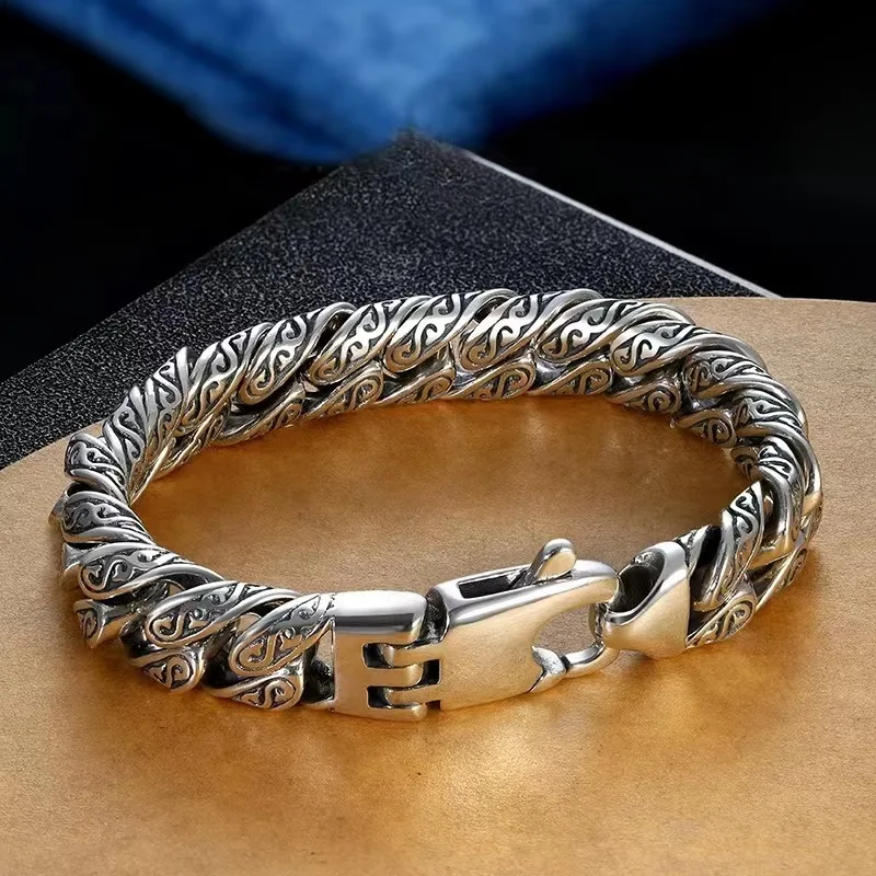 S925 Silver Male Tang Grass Pattern Bracelet Men\'s Bracelet Versatile Hegemony European And American Fashion Bracelet Gift