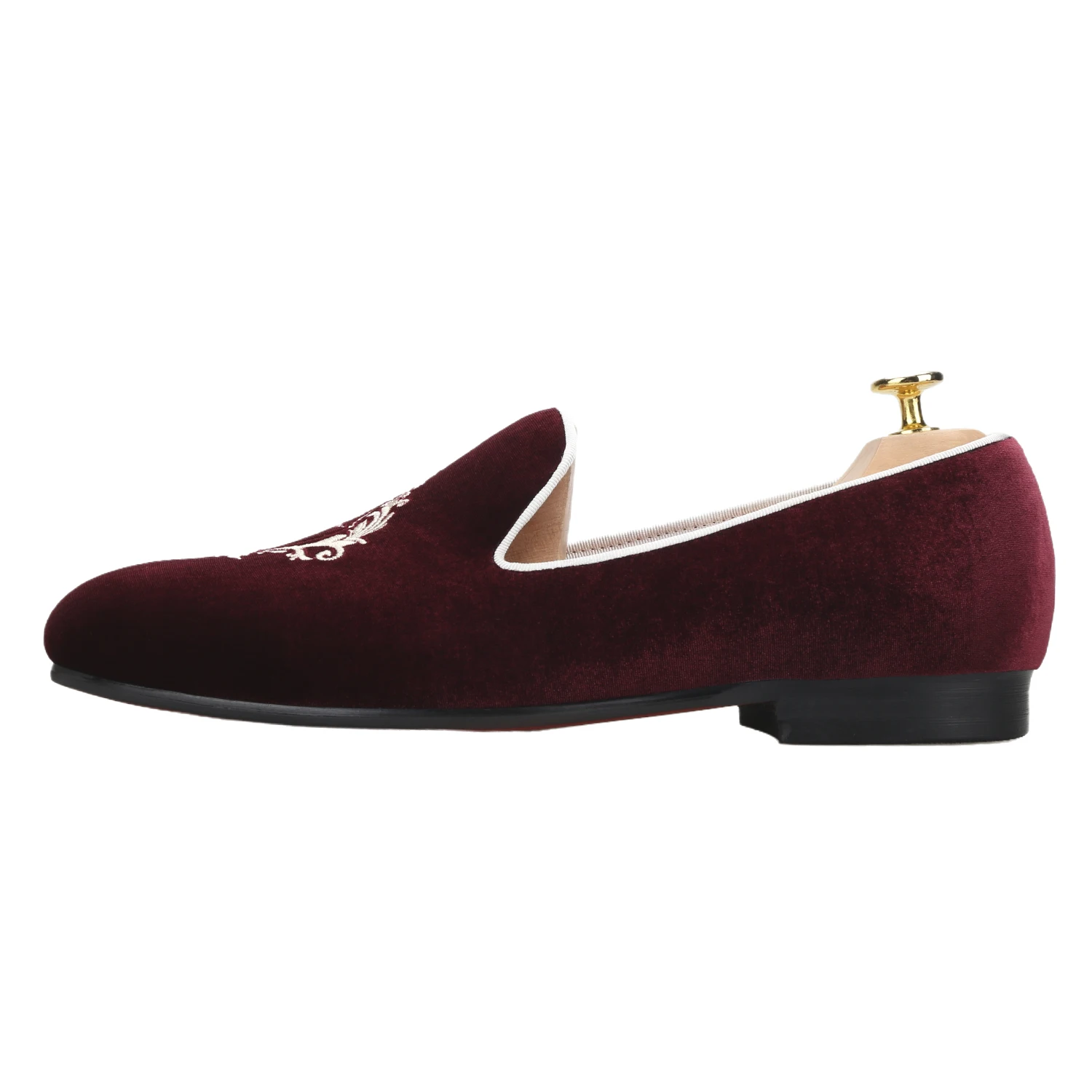 Piergitar Dark Red Velvet Slip-On Loafers With Custom Letter And Crown Royal Style Embroidery For Party Wear Handmade Men's Flat