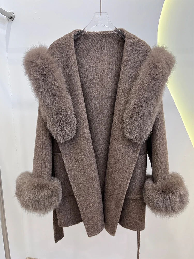 2025年冬 レディース 暖かい本物の天然フォックスファーコート 100%ウール ウールカシミヤ フード付きジャケット 高級厚手女性用コート