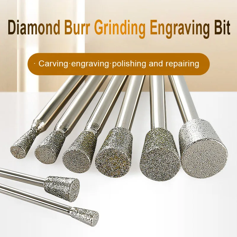 3/6mm Shank Diamond Grinding Head Set Coated Mounted Bit Burr Lapidary Tool for Dremel Stone Gemstone Carving Grinding