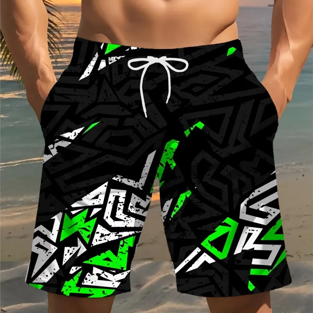Men's stylish printed beach shorts featuring a 3D geometric pattern and a drawstring waistband; lightweight and comfortable for