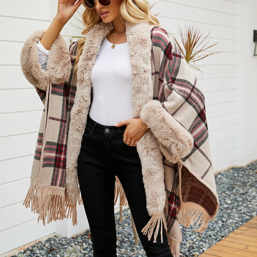 Plaid Faux Fur Coat Hooded Poncho Cape Loose Plus Size Autumn And Winter Fast Delivery Shawl Woolen Knitting Tassel Coats Women