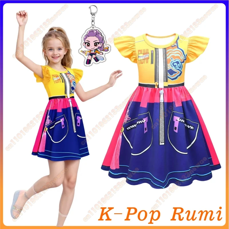 

Костюм для косплея K-Pop Rumi из фильма на Хэллоуин, карнавал, охотники Rumi с 3D принтом, желто-синее платье с летающими рукавами для девочек