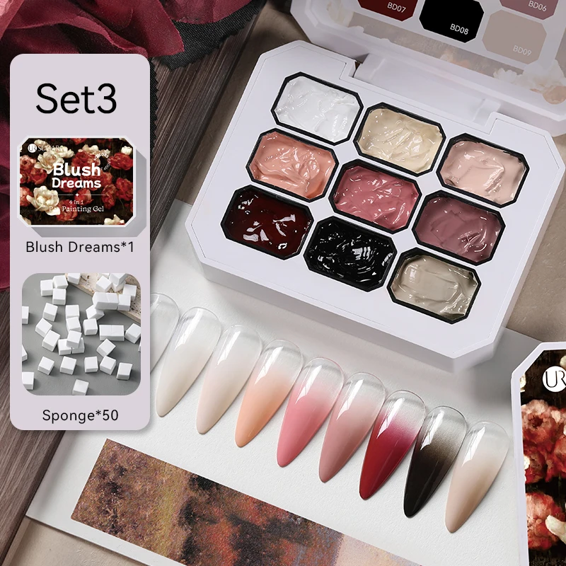 

UR SUGAR 2/3Pcs Gradient Painting Gel Set 9 Colors Ombre Gel Nail Polish Almond Nude Black White Sponge For Pigment Patting Gel
