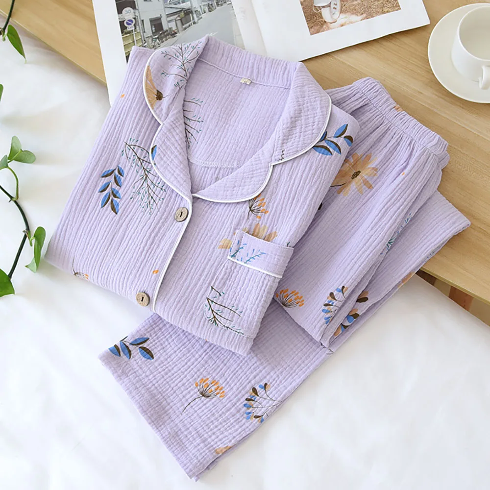 

Women's Sleepwear Spring Fall Thin Cotton Gauze Long Sleeve Pants 2Pcs Female Pajama Sets Lapel Cardigan Printed Home Nightgown