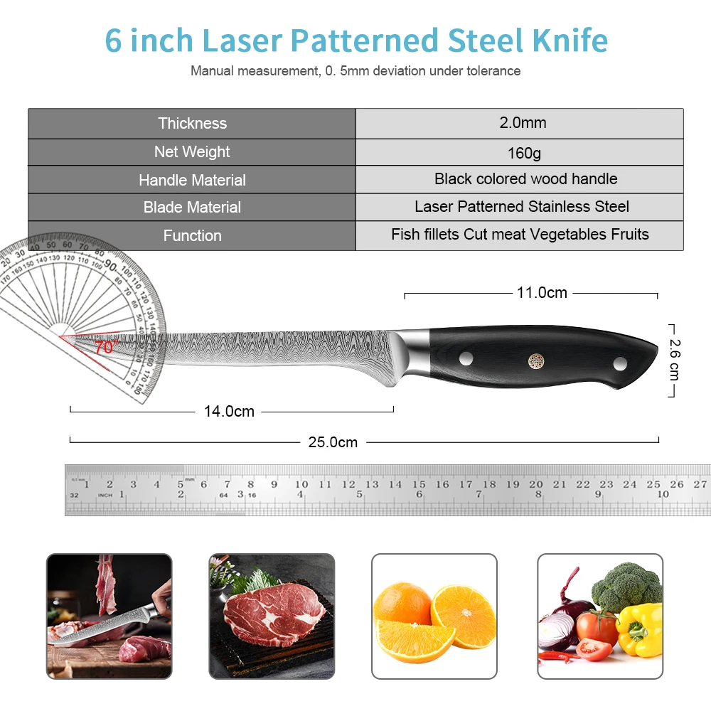 Kitchen Knife Boning Knife Damascus Laser Pattern Butcher Knife Stainless Steel Bone Meat Fruit Vegetables Fish Chef Knife