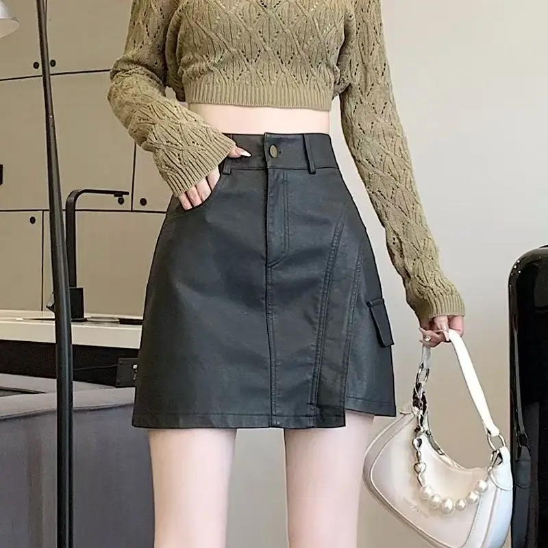 Hot Girl Little Leather Skirt Autumn Winter New Design Slimming Commuting Versatile High-Waisted A-Line Short Skirt