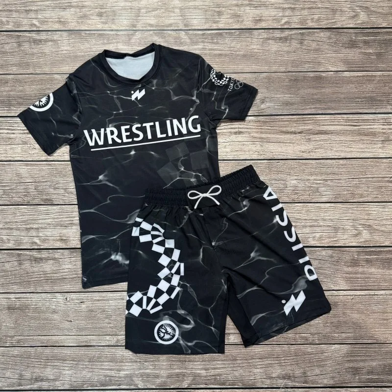 

2026 New Black and White Marble Pattern Fighting Training Suit Breathable Men's Short-Sleeve Shorts Fitness Combat Two-Piece Set
