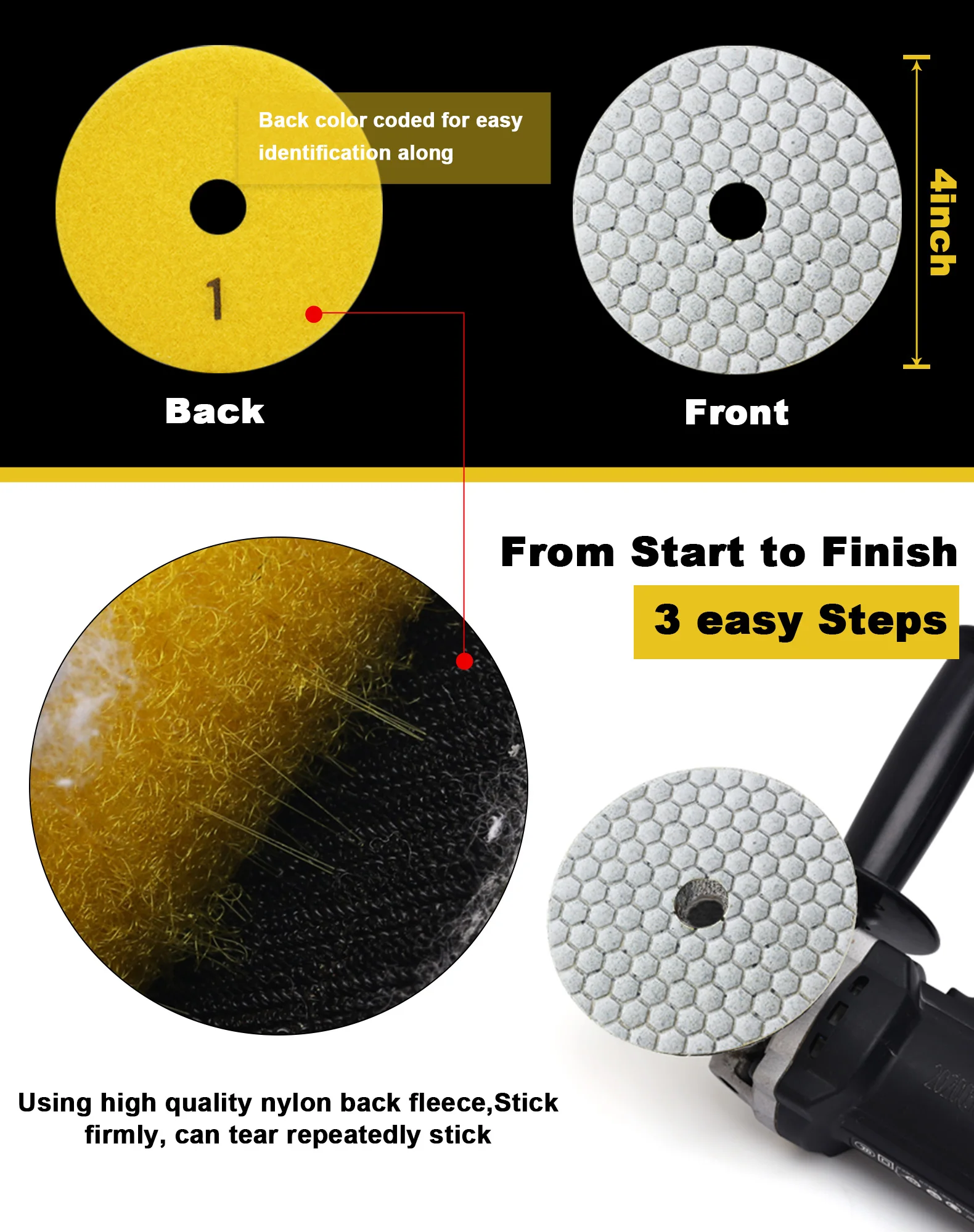 3Pcs/Lot 100mm/4" Diamond Dry Polishing Pads 3 Step Granite Marble Sanding Disc For Granite Marble Diamond Dry Grinding Disc