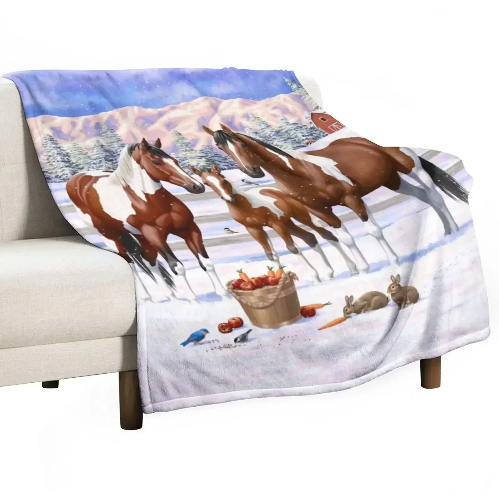 Bay Pinto Paint Quarter Horses In Winter Snow Throw Blanket Decorative Beds Thins Luxury St Hair Blankets