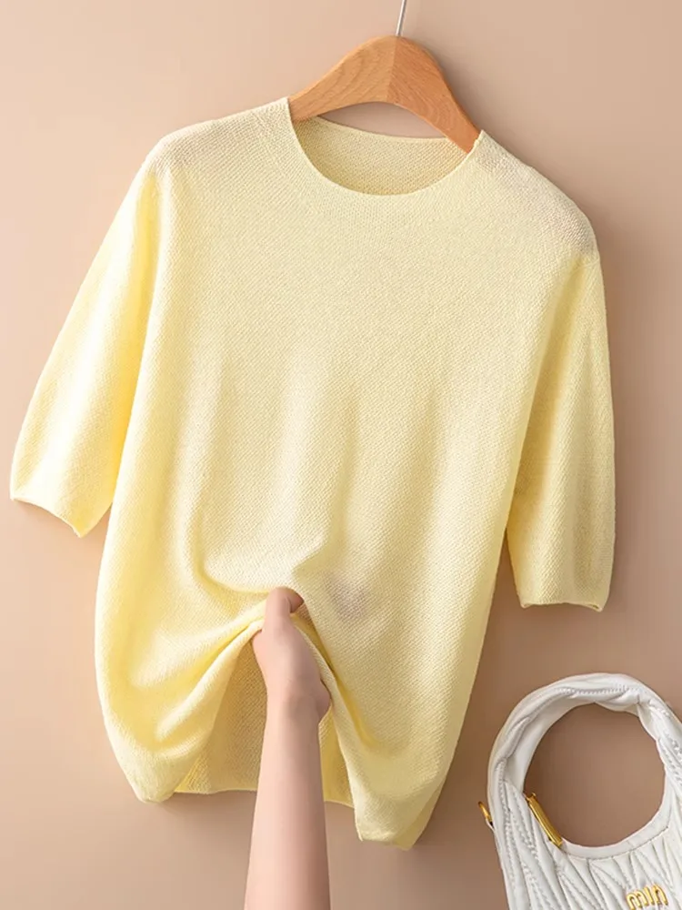 NOVEDAD DE VERANO 20225, Top de punto suelto ort Sve, camiseta fina f Sve para mujer, capa Base versátil adelgazante, redonda Ne