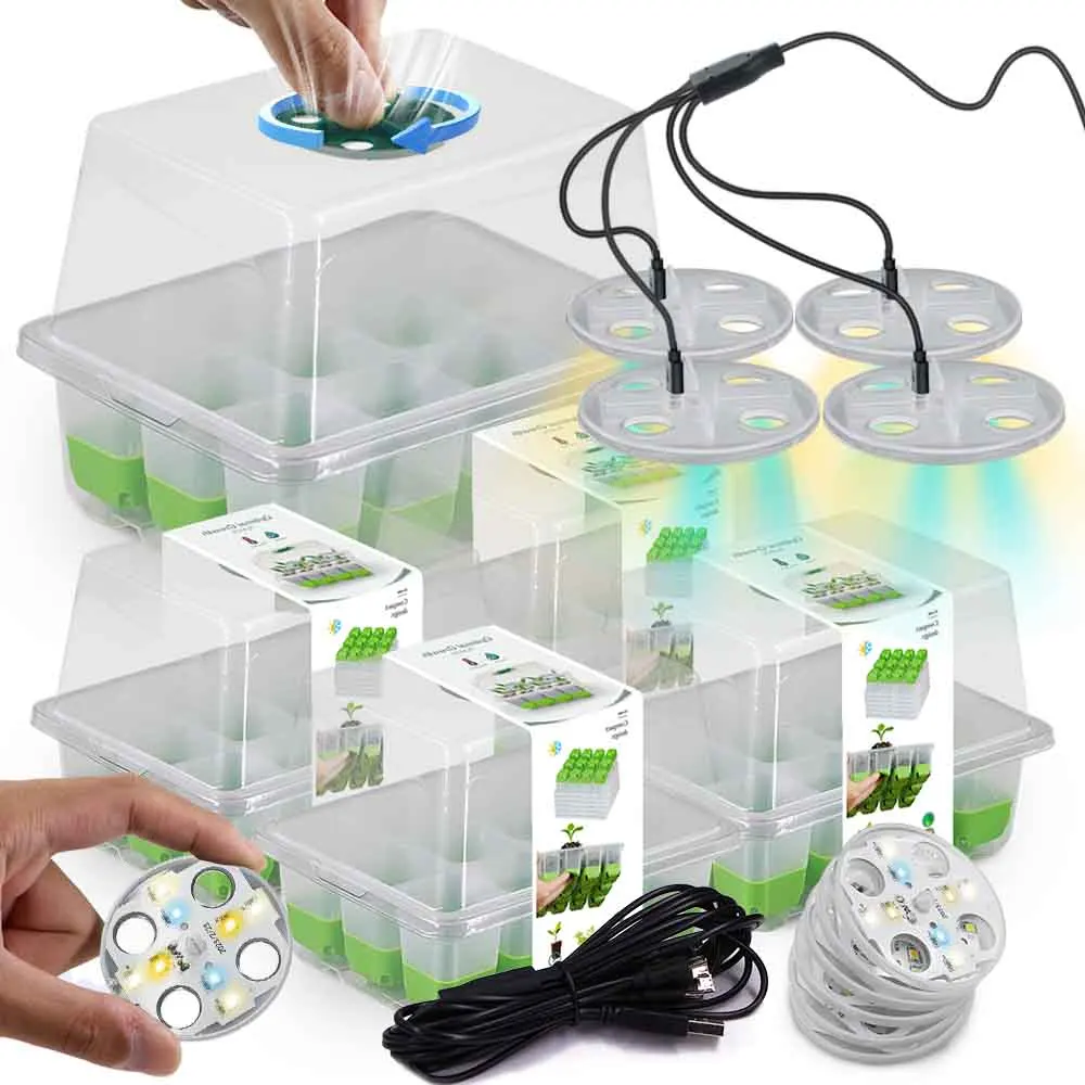 

12 Cells LED Grow Light Seedling Starter Tray Kits with Transparent Cover Flower Plant Pot Indoor Garden Nursery Germination Box