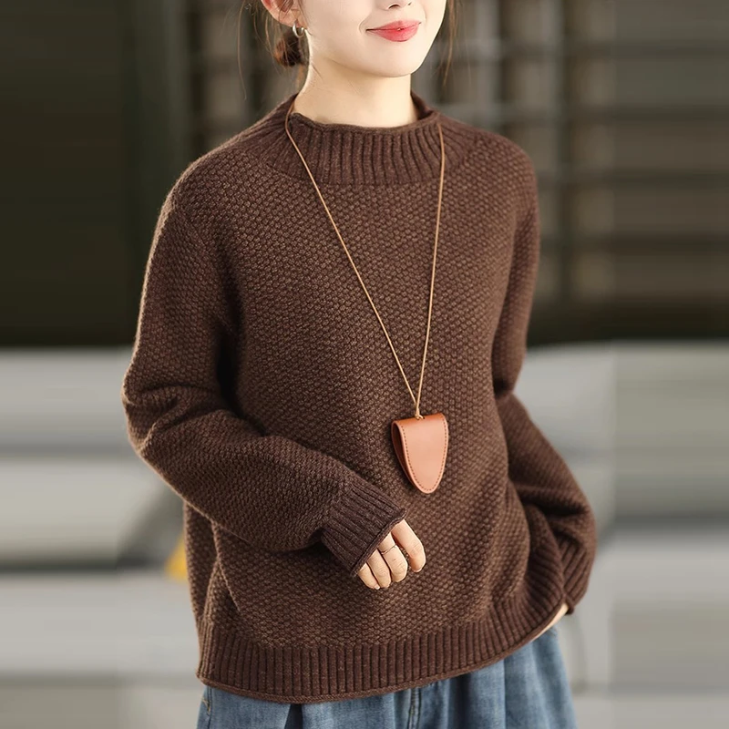 Femmes Vintage Mori fille couleur unie tricoté pull pulls automne nouveau col mi-haut à manches longues décontracté ample tricots hauts