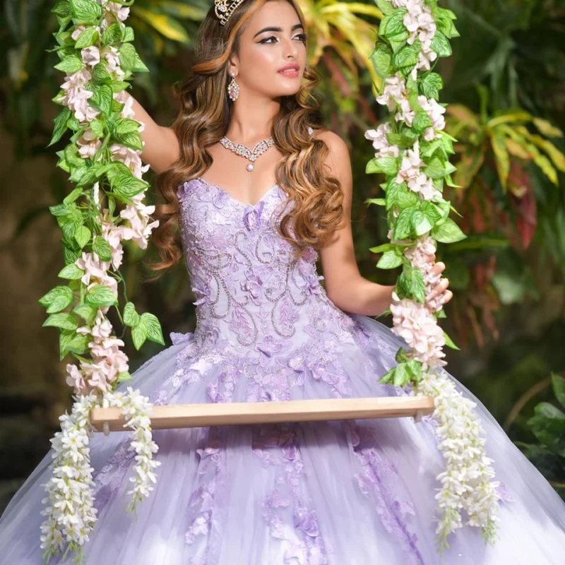 

lavender purple Quinceanera Dress off-shoulder butterfly flower decal Long tail vestidos de 15 Quinceanera ﻿Customize
