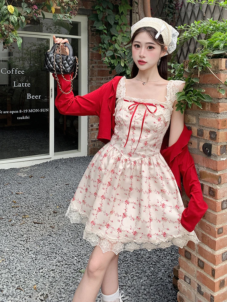 

Комплект из платья и топа больших размеров с кружевной отделкой и цветочным принтом, в нежном стиле, А-силуэт, с длинными рукавами, завышенной талией, из полиэстера, для весны и лета