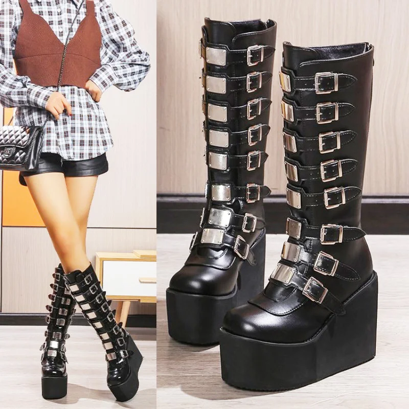 Women's Cosplay Boots Multi-row Belt Buckle Long Tube Leather Knight Boot Punk Gothic Classic Black High Heel Shoes Knee-High