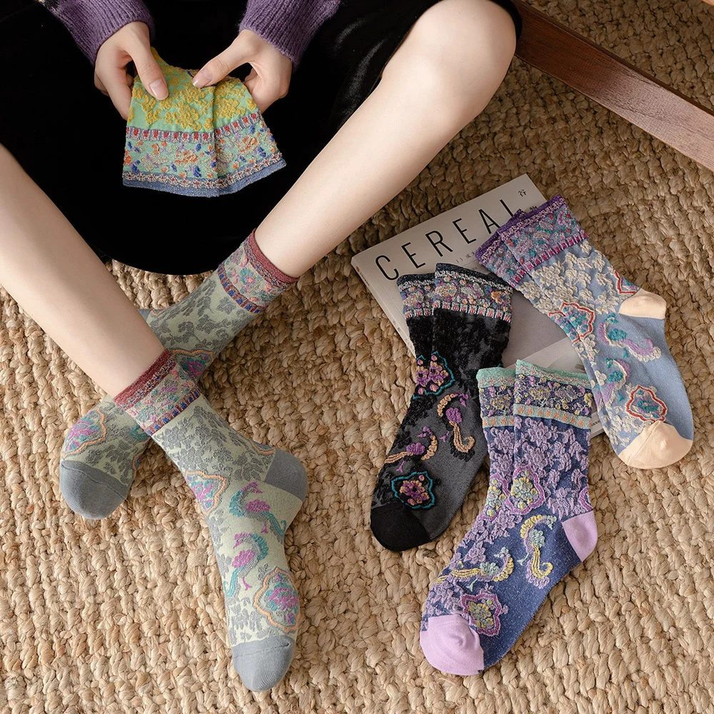 

3 Pair Korean Style Women Socks Cotton Harajuku Ladies Winter Socks Set Kawaii Flower Print Fashion Streetwear Cute High Quality