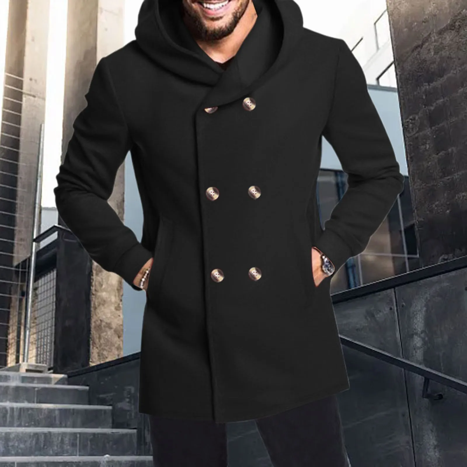 Men'S Hooded Jacket Fashion New Long Sleeved Stand Neck Splice Button Fit Formal Banquet Coat Hundred Matching Winter Warm Cloth