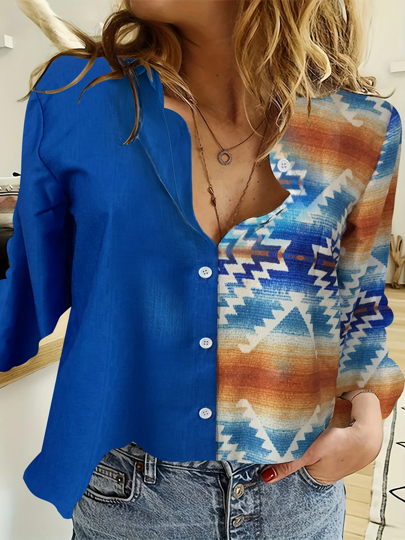 Chemisier à col en V à manches longues pour femmes, chemise décontractée imprimée, simple boutonnage, épissage sur trois documents, automne