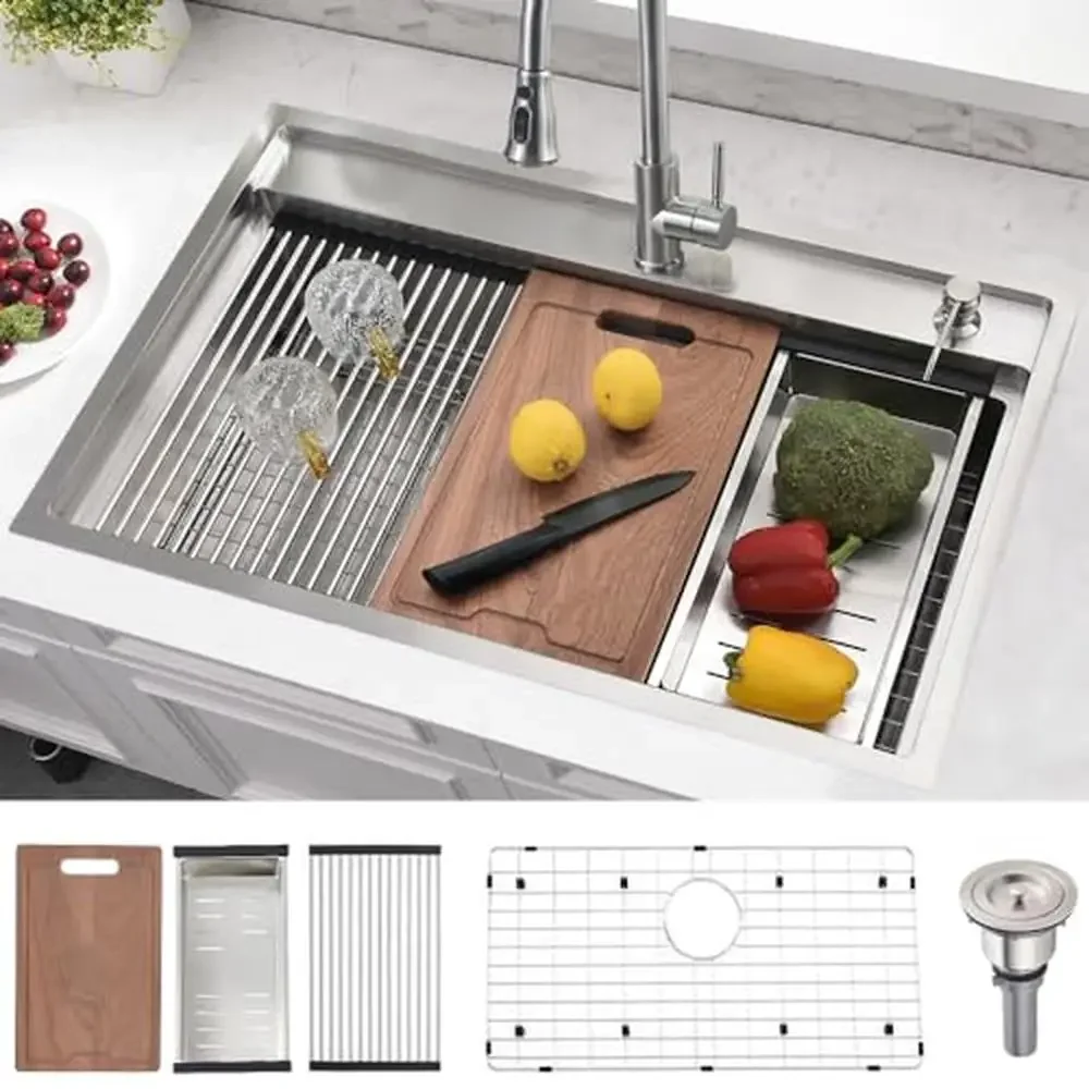 스테인리스 스틸 주방 싱크대 드롭, 소음 감소 기능, 결로 방지 스플래시 가드, 접시 그리드 포함, 33x19