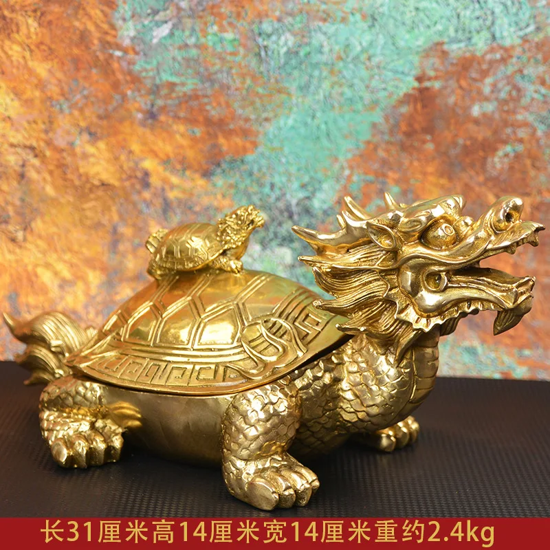 All-brass Eight Trigrams Dragon and Turtle Figurine, Open-Top Dragon Turtle, Entrance Decoration, Bronze Dragon Turtle Ornament