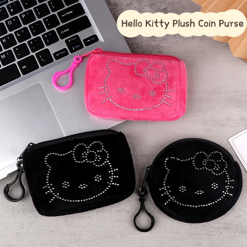 Cute Cartoon KT Cat Plush Coin Purse Portable Black Plush Money Change Pouch For Girls Earphone Small Storage Bag Wallet