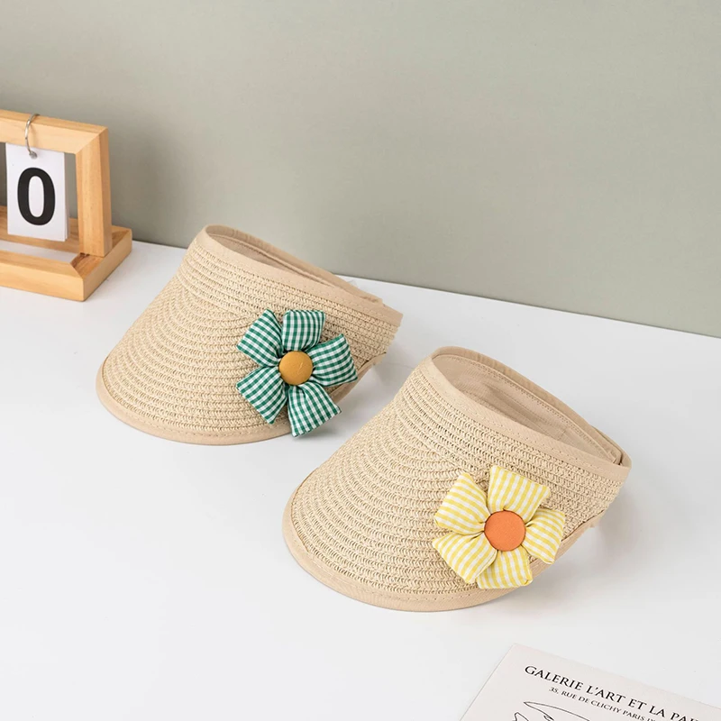 

3D Flower Straw Hat Summer Baby Empty Top Peaked Cap Foldable Kids Large Brim Sunscreen Visors Summer Children Sun Hats 2-6Year