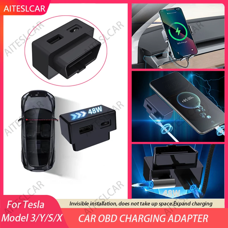 

1PC Car OBD Fast Charger for Tesla Model 3 Y X S Mobile Phone Charging Adapter OBD2 Splitter Charger Adapters Accessories