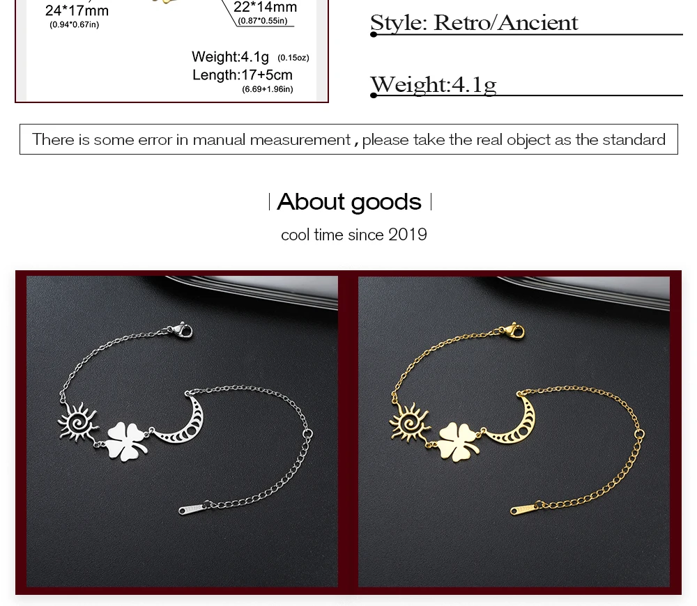 CoolTime Zierliches Sonne & Mond Vierblättriges Kleeblatt Damenarmband aus Edelstahl Glücksbringer Täglicher Schmuck für Frauen Geschenk – Detail 3