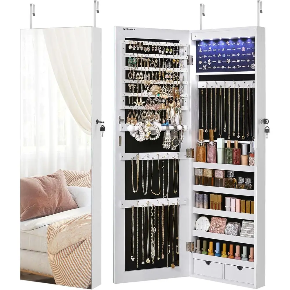 Illuminated Wall-Mounted Cabinet with Door Organizer and Full-Length Mirror