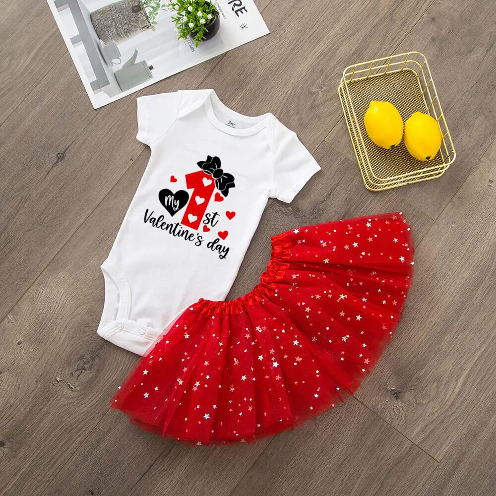 My 1st Valentine Print Baby Girls Jumpsuit Tutu Skirts Infant Short Sleeve Bodysuit Dresses Set Toddler Valentine\'s Party Outfit