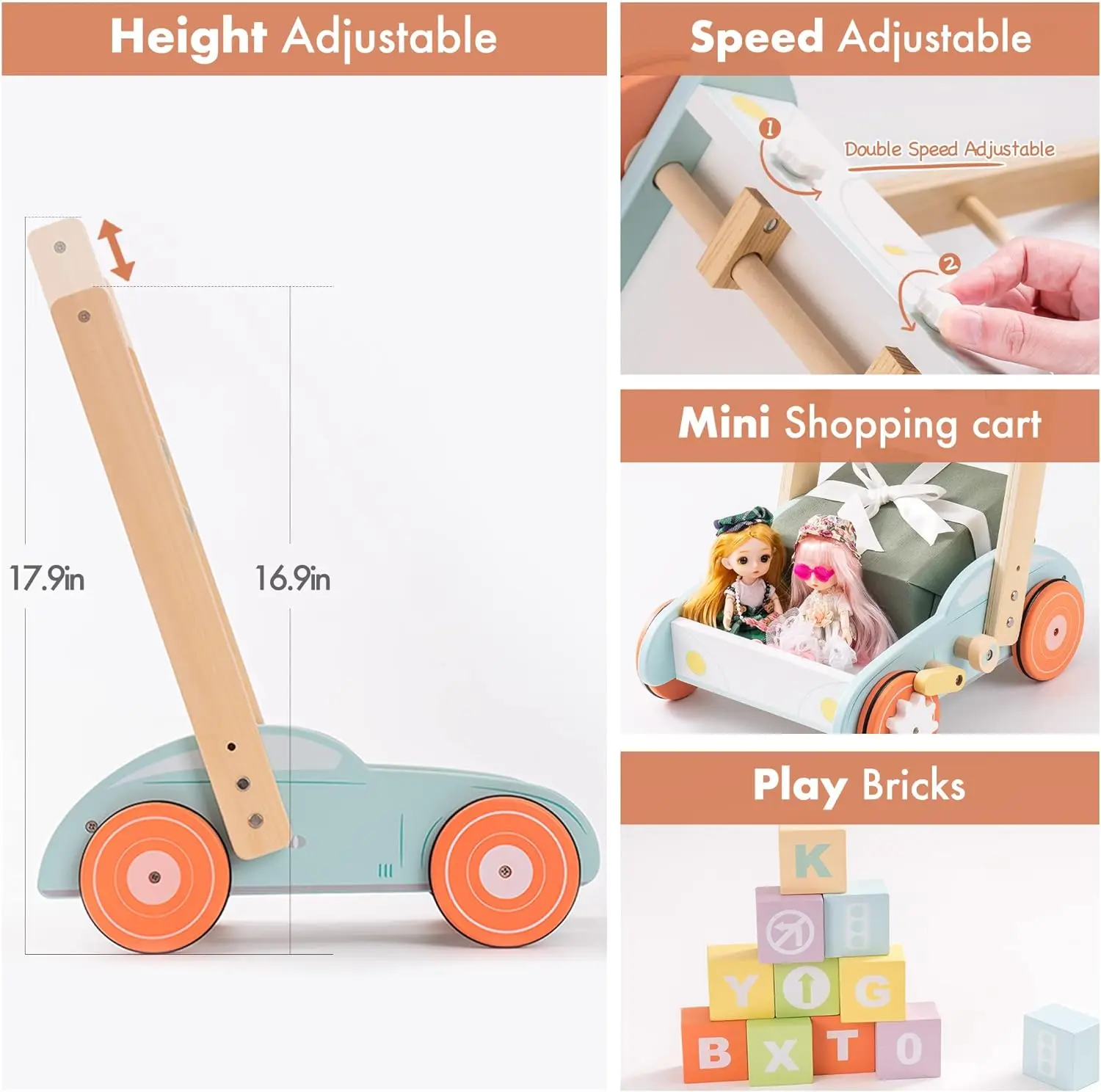 Robud Andador de madera para bebé, andador de aprendizaje para soporte, regalo para niñas y niños de 1, 2 y 3 años (ajustable)