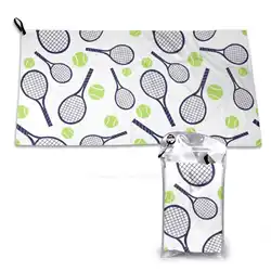 Tennis Racket And Ball Print Washcloth Beach Towel Travel Tennis Racket Tennis Ball Sports Play Navy Green