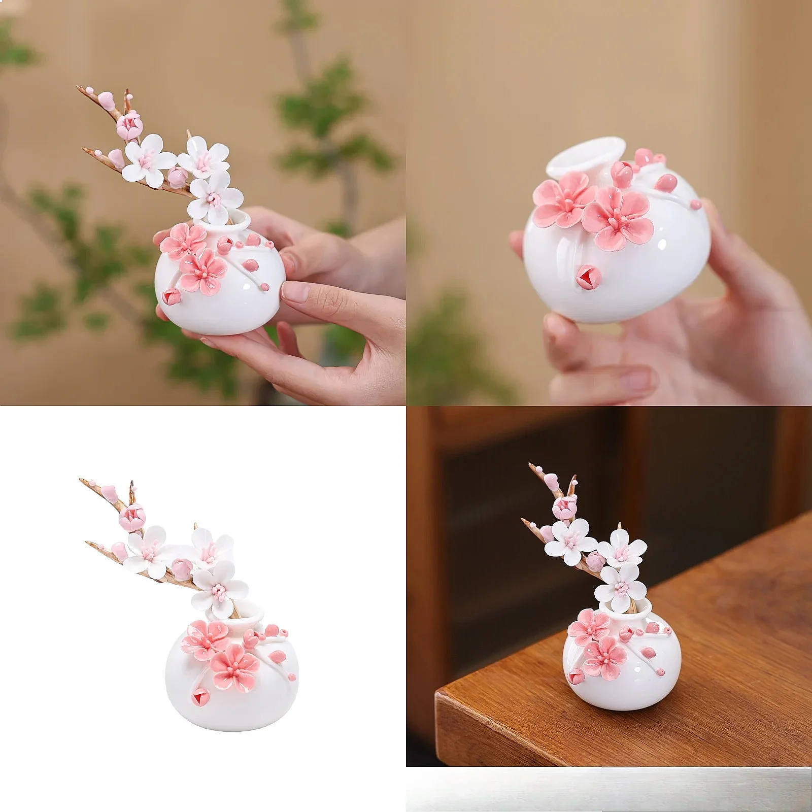 Ceramic handmade flower round plum blossom bottle sheep fat jade porcelain warm and transparent small fresh flower vase