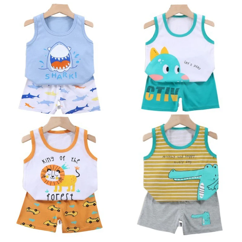 

Cartoon Soft Cotton Pajama Vest+Shorts 2-Piece Clothing Set Summer Kids Baby Boys Girls Casual Tracksuit Clothes Suit 0-6 Years