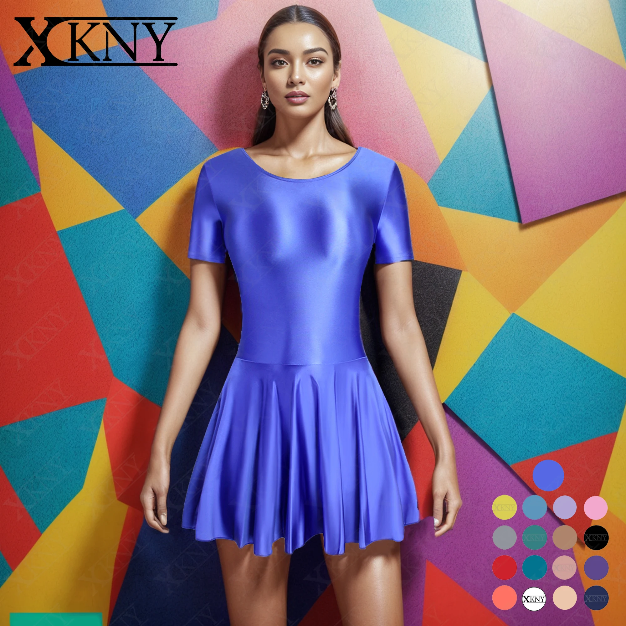 XCKNY Satin silky dress sexy tight sports Yoga swim ballet skirt  short sleeve umbrella dress glossy skirt party dress leotard