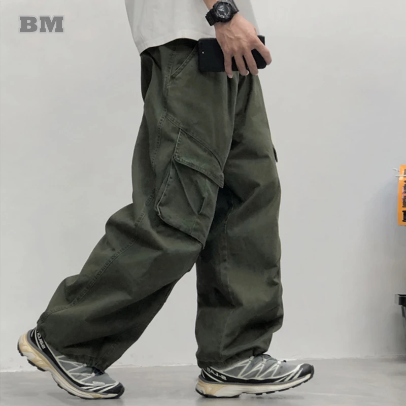 Mens Army Green Cargo Pants Wide Leg Multi Pocket Retro Casual Streetwear Loose Straight Comfortable Outdoor Work Trousers Male