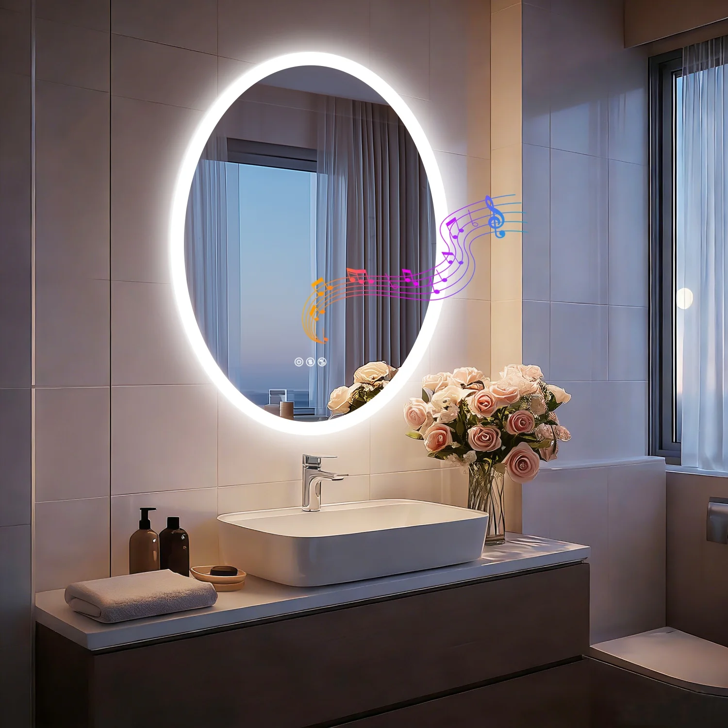 60X80CM Oval LED Bathroom Mirror with Bluetooth Speaker Dimming Wall Vanity Mirror Memory Function Touch Antifog