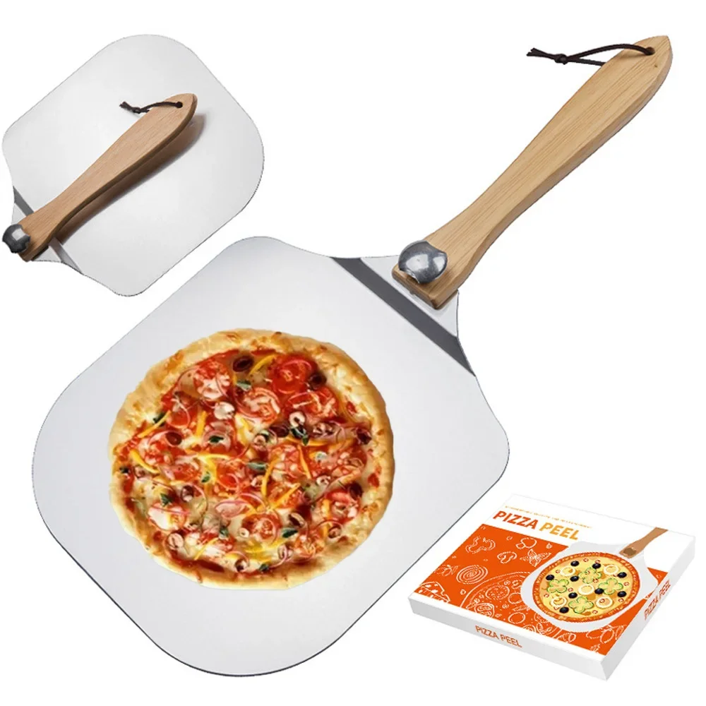 12 Inch Aluminum Pizza Paddle with Foldable Wood Handle Kitchen Transfer Plate for Homemade Baking Pizza Bread Pie Dough Tool