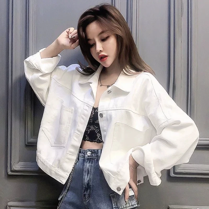 

Women White Denim Jacket 2026 Spring Casual Loose Long Sleeve Cropped Jean Coat with Pockets Commute Lady Outerwear Street Tops