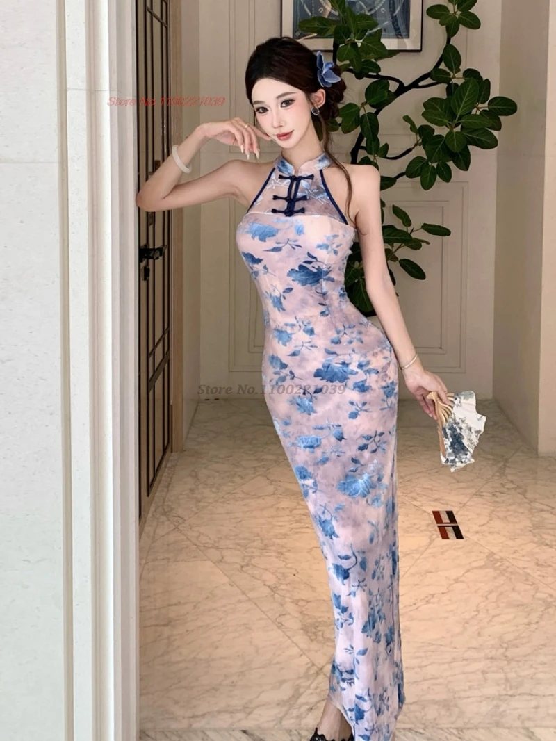 

2026 Китайское винтажное бархатное платье-ципао без рукавов с цветочным принтом, вечернее платье для ночного клуба, традиционное платье-ципао, вестидо