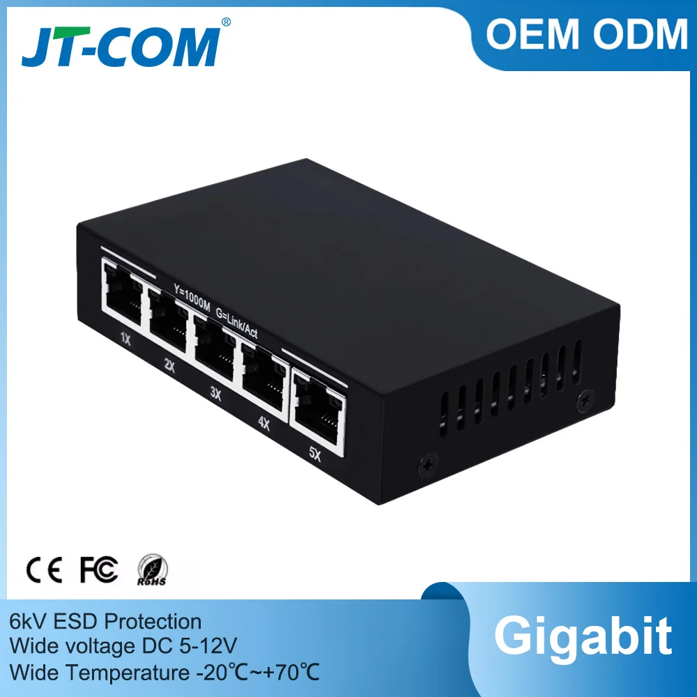

JT-COM Полностью металлический корпус Сетевой коммутатор 5 портов Gigabit Ethernet-коммутатор 1000 м 6 кВ Защита от электростатического разряда Smart RJ45 Концентратор Интернет-инжектор