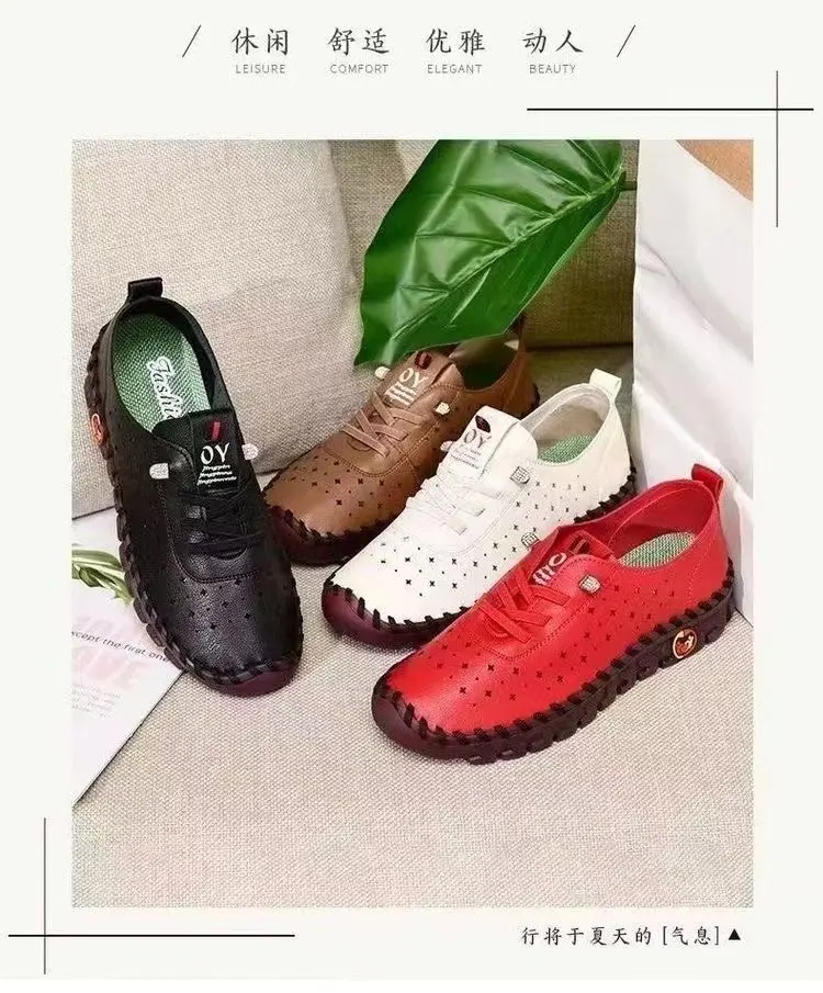 Weiche perforierte Leder-Loafer für Damen, atmungsaktive, ausgeschnittene Gummisohle, rutschfeste Fußgewölbestütze, leichte flache Schuhe für den Außenbereich – Detail 4