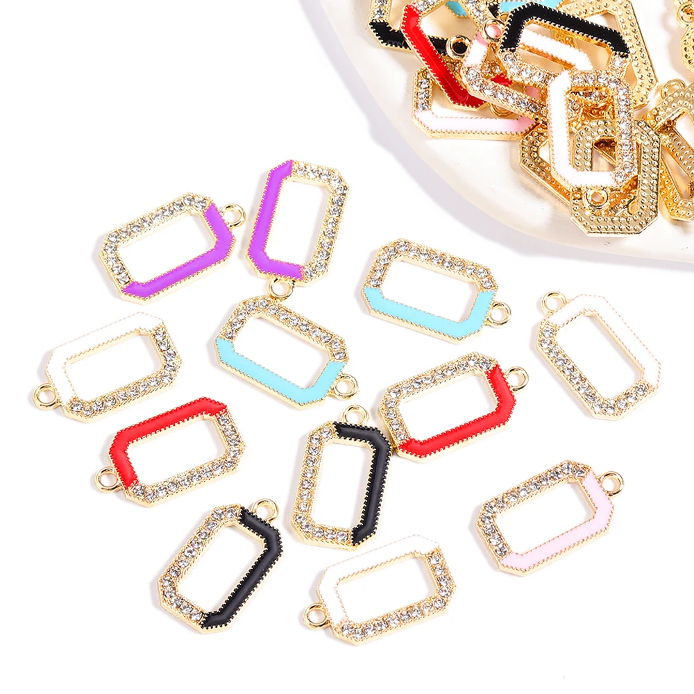 10Pcs/Lot 21*12 Creative Half Enamel Half Rhinestone Rectangle Charms Handmade Jewelry Making Accessories Metal Pendants