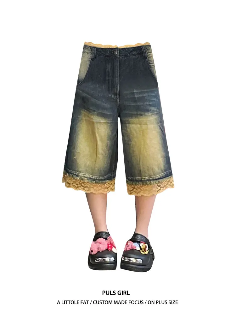 

Ретро-шорты в американском стиле, большие размеры, джинсовые, с кружевными вставками, широкие, женские, летние, для модниц, уникальный дизайн, повседневные, с высокой талией