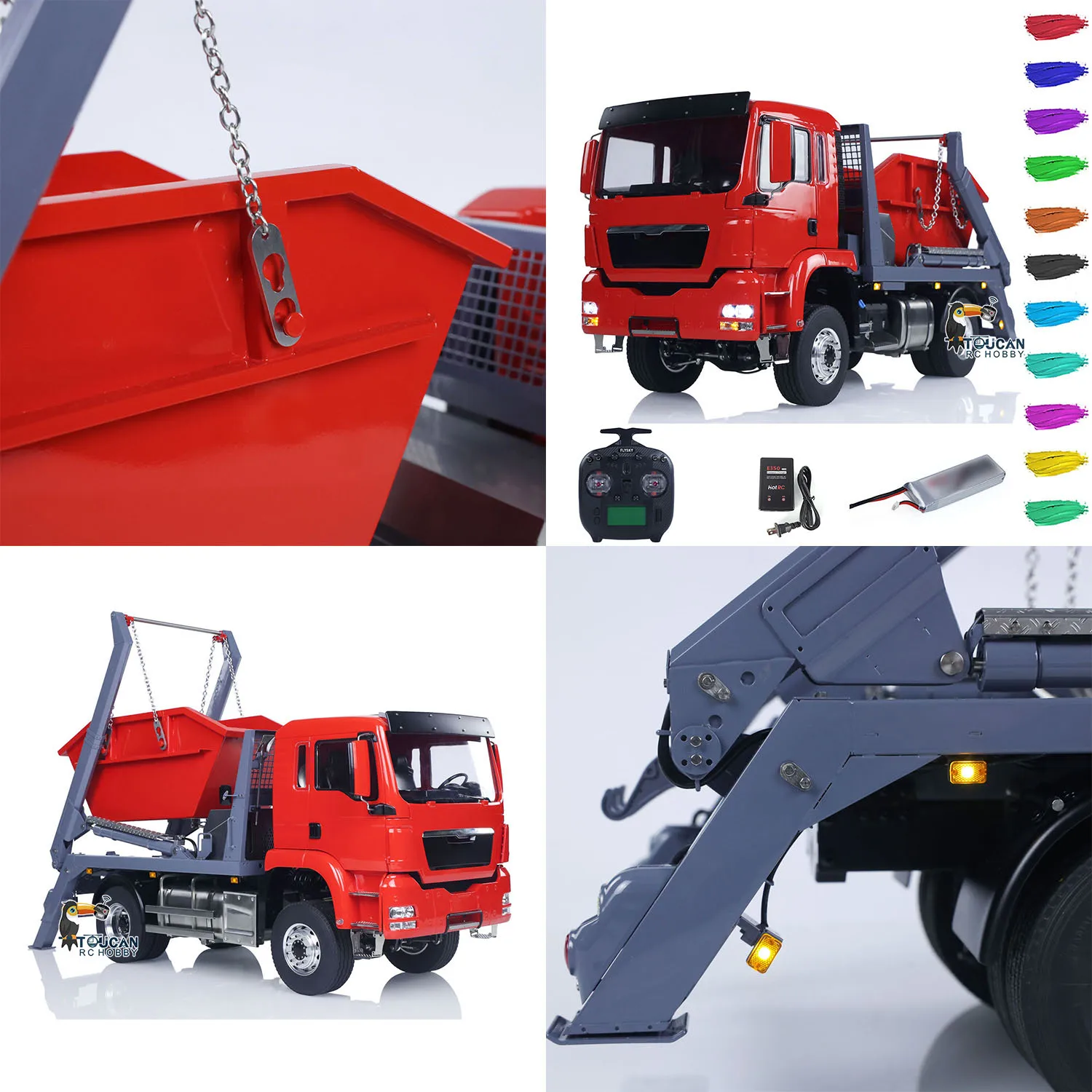 

LESU Metal 1/14 RTR 4X4 RC Hydraulic Swing Arm Garbage Dump Truck Remoted Skip Loader TGS Light Sound ST8 Radio Light Sound Car
